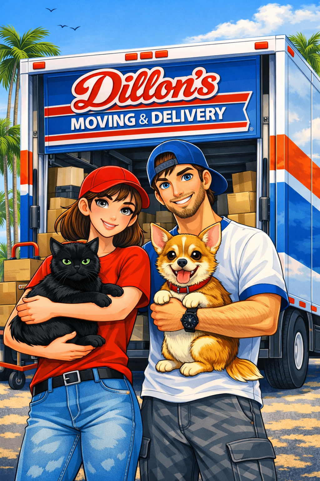 Dillon's Pro Moving truck and crew loading a home